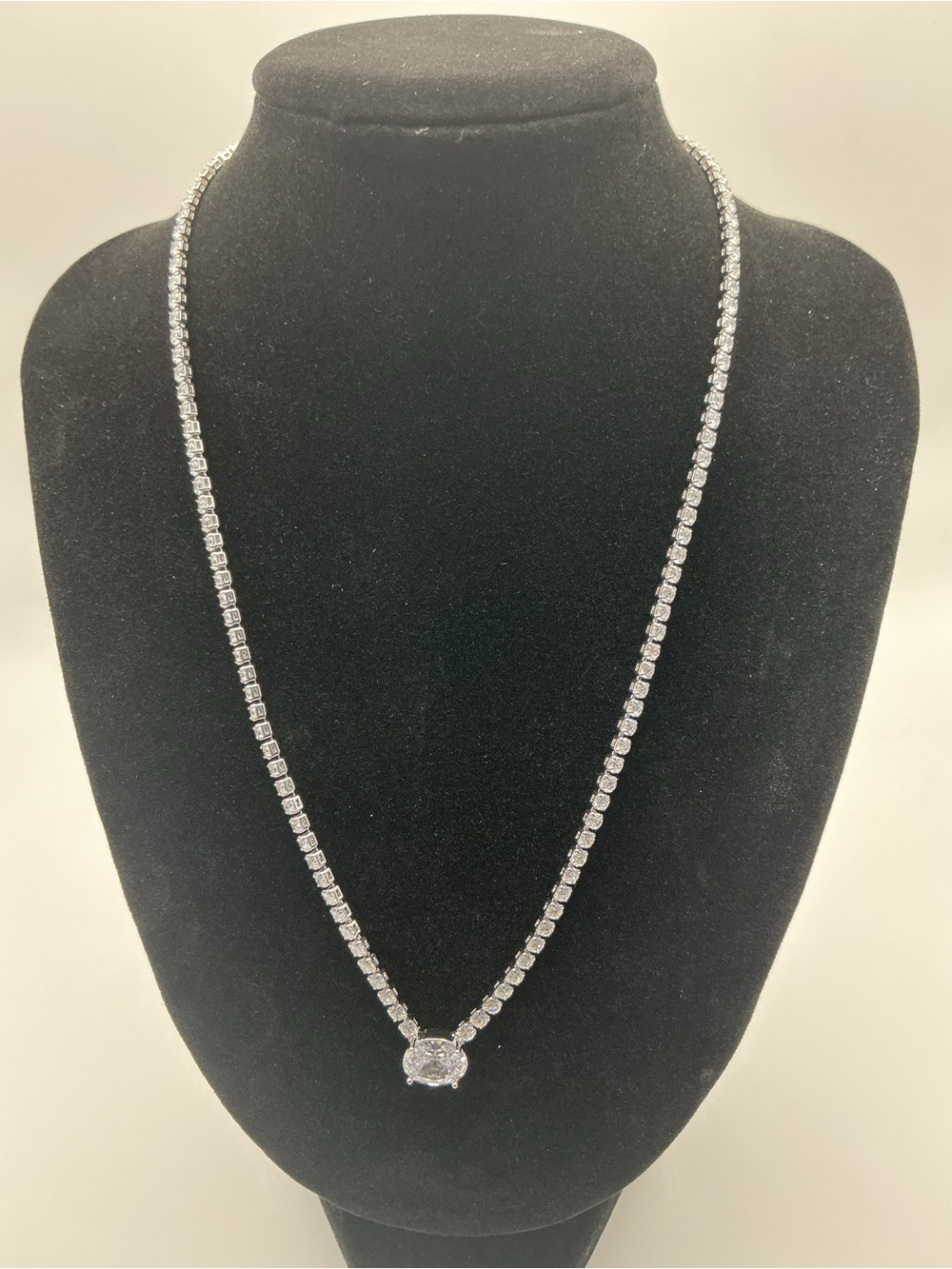 Adina Eden Tennis Necklace Oval CZ Center Stone Waterproof Silver Tone